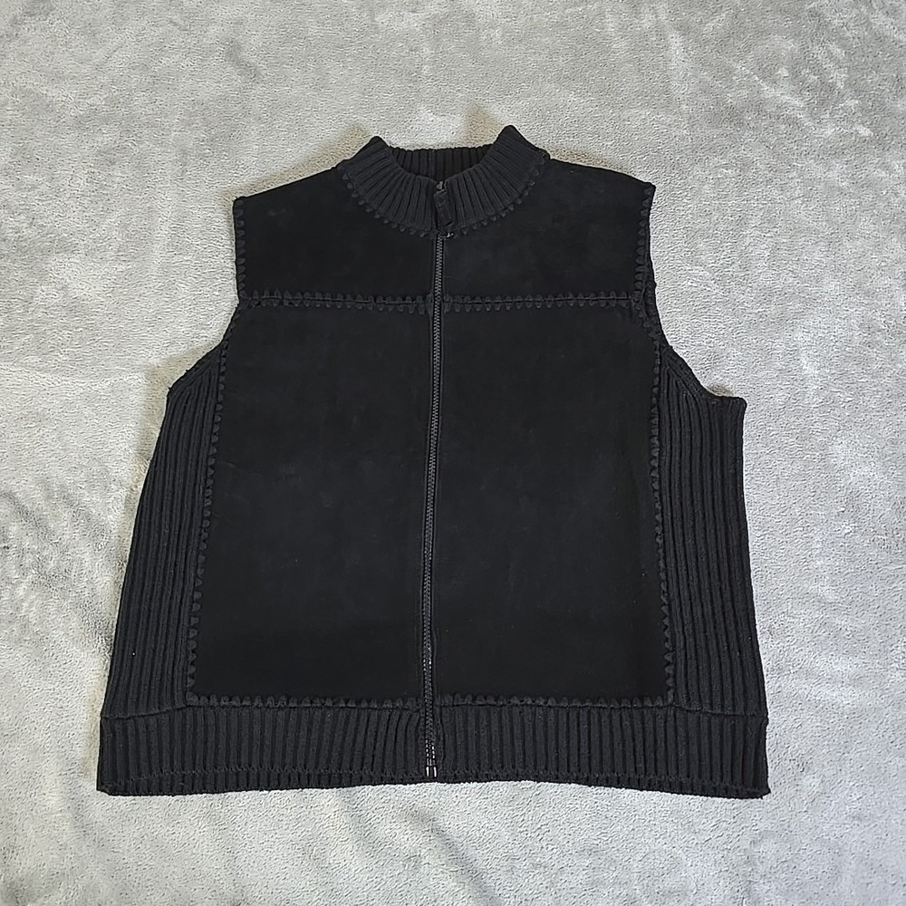 St Johns Bay Vest Womens XL Petite Black Suede Front Sleeveless Full Zip Casual